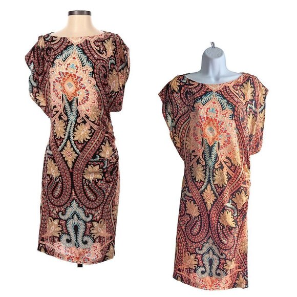 2012 THAKOON Rashida Jones 100% Silk Chiffon Paisley Cowl Sleeve Mini Dress Sz 2 - Picture 2 of 11